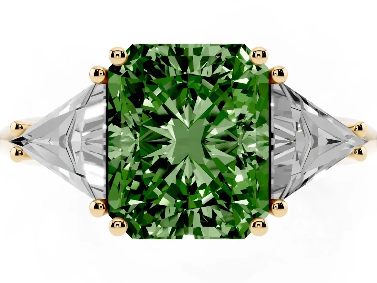 Fancy Green Three-Stone Radiant Cut Diamond Engagement Ring with Trillion Side Stones and Prong Setting Yellow gold