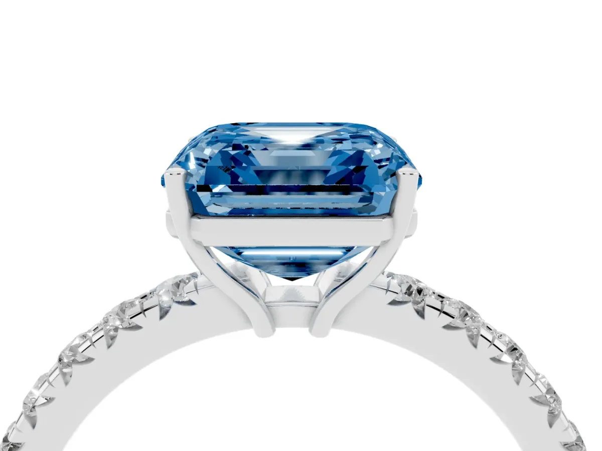Fancy Blue Asscher Cut Diamond Pavé Solitaire Engagement Ring with Four-Prong Setting Platinum