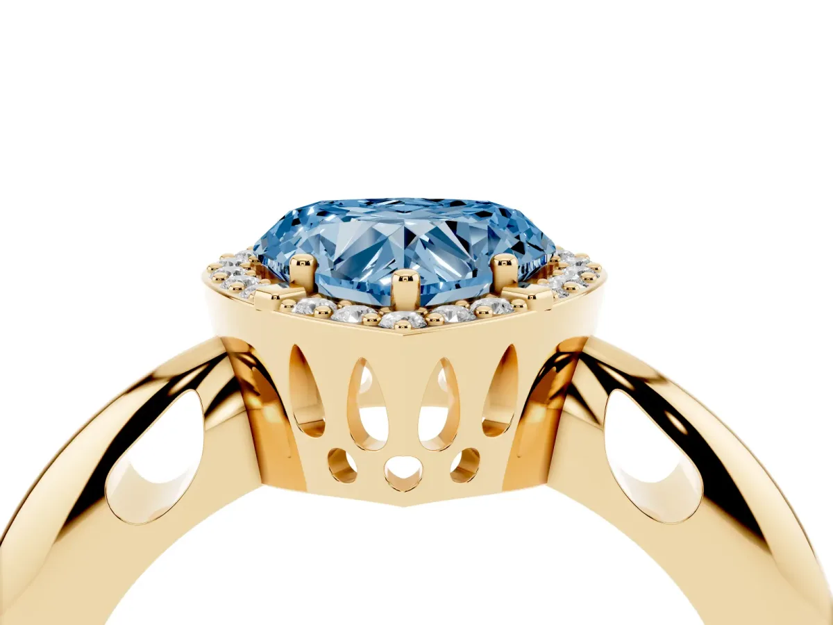 Fancy Blue Heart Cut Cut Diamond Halo Engagement Ring with Split Shank and Four-Prong Setting Yellow gold