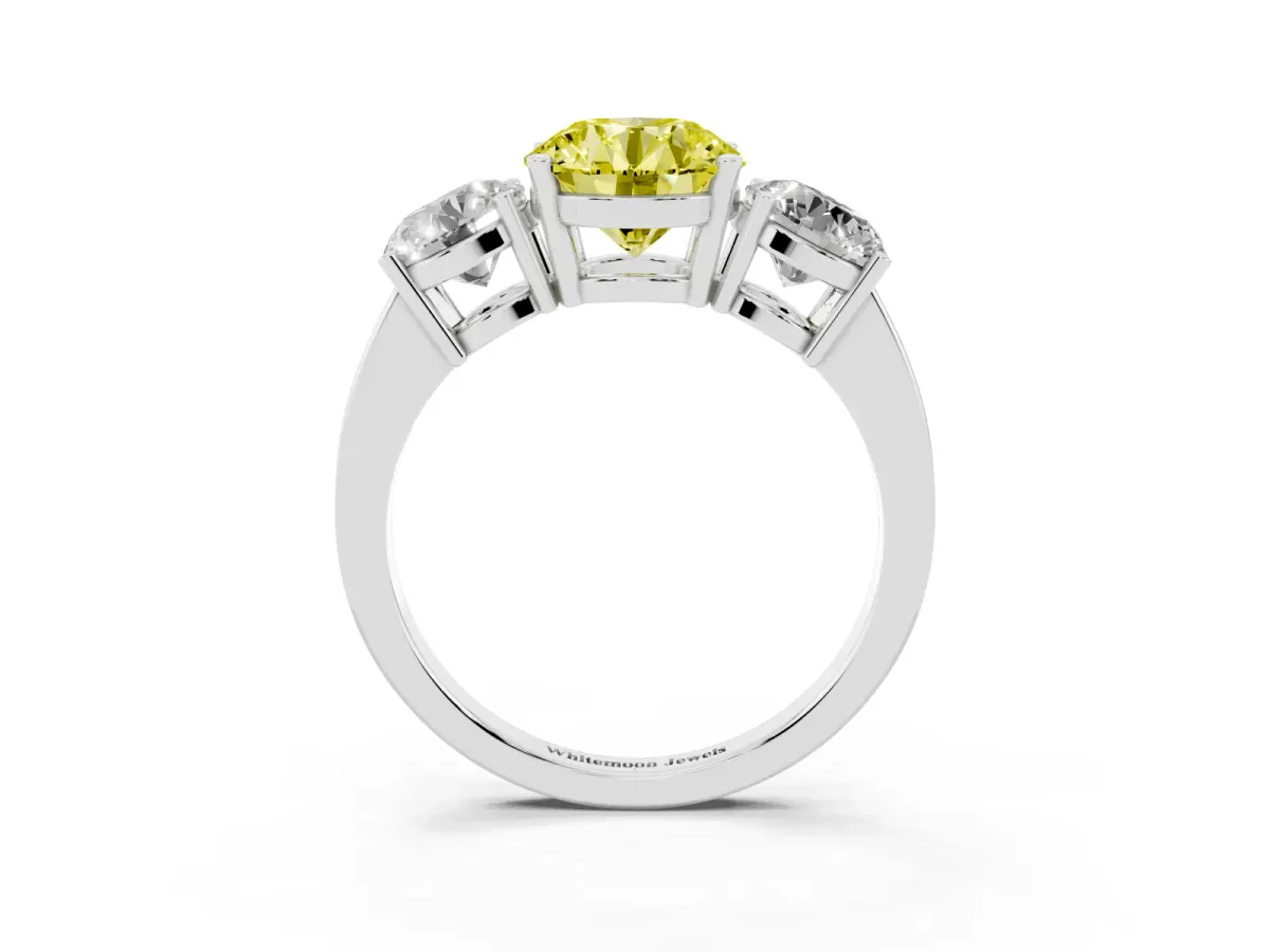 Fancy Yellow Three-Stone Round Cut Cut Diamond Engagement Ring with Flat Band and Four-Prong Setting Silver