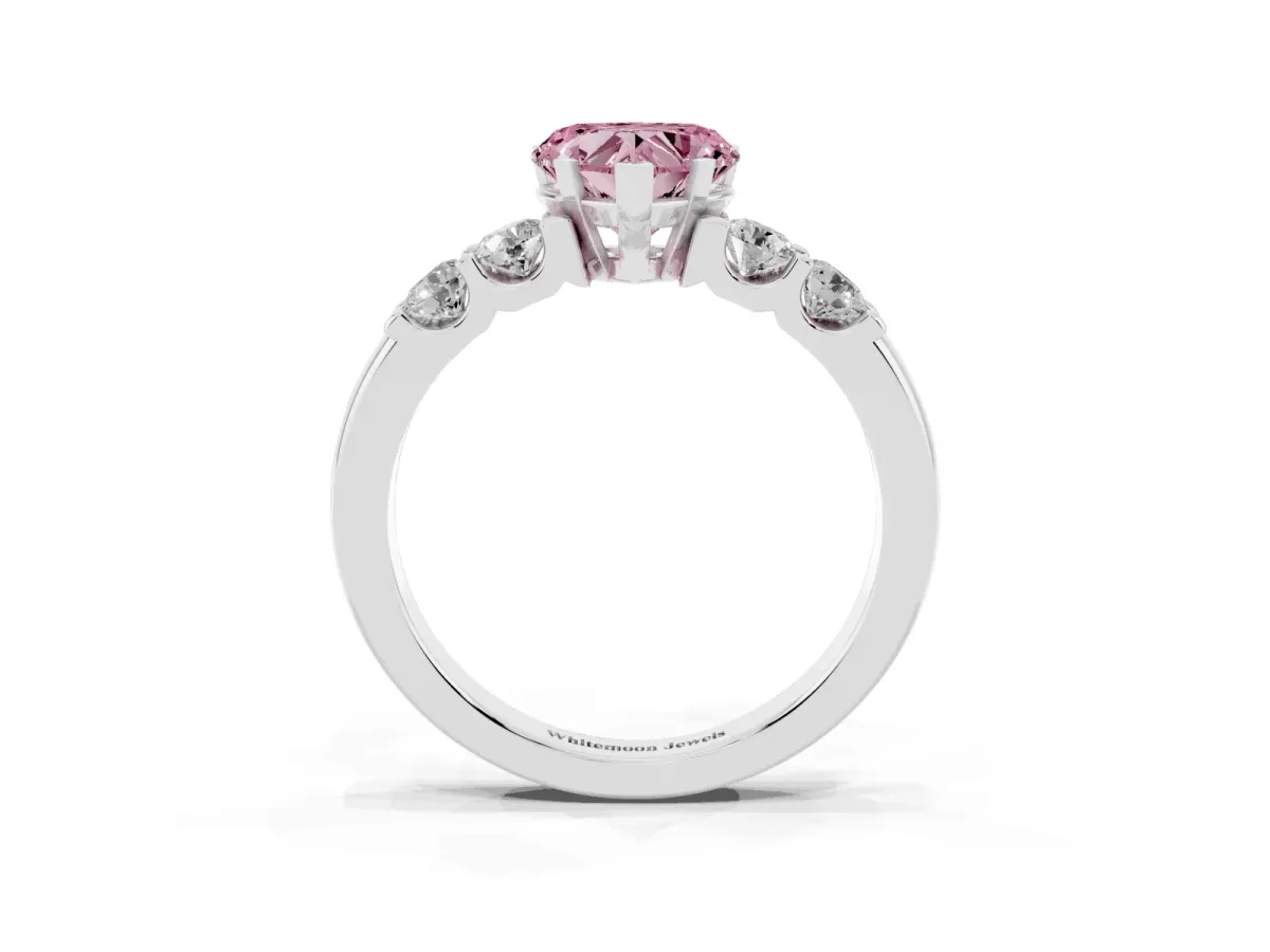 Fancy Pink Heart Cut Brilliant Cut Diamond Five-Stone Prong Set Engagement Ring with Channel Band Silver