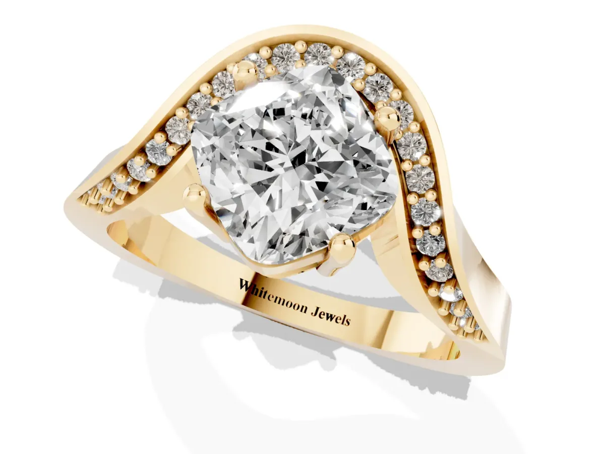 Cushion Cut Solitaire Diamond Engagement Ring with Pave Band and Four-Prong Setting Yellow gold