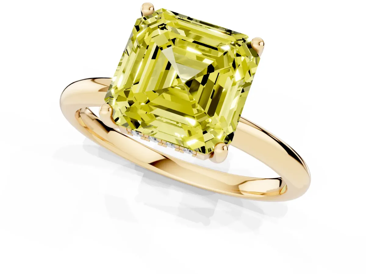 Fancy Yellow Asscher Cut Cut Solitaire Engagement Ring with Four-Prong Setting and Classic Band Yellow gold