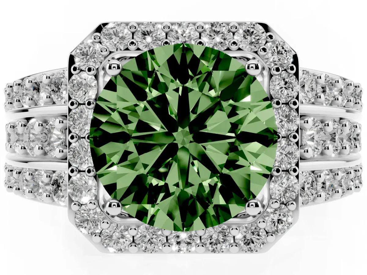 Fancy Green Round Cut Halo Diamond Ring with Round Split Shank and Prong Setting Silver
