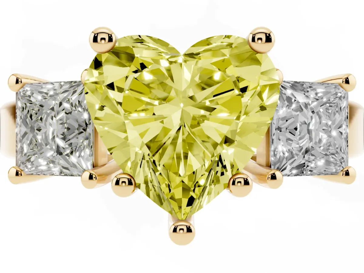 Fancy Yellow Three-Stone Heart Cut Cut Solitaire Ring with Prong Setting Yellow gold