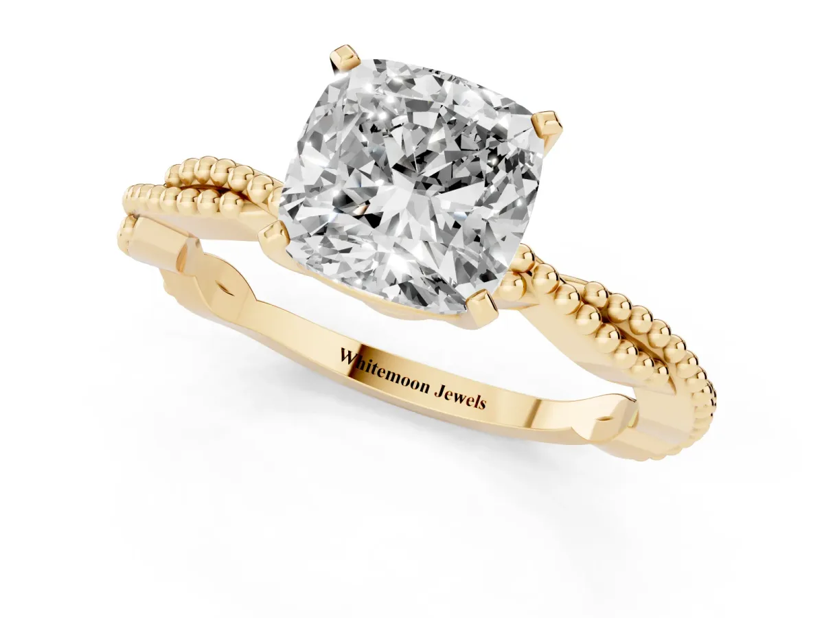 Cushion Cut Solitaire Twisted Band with Bead Prong Setting Yellow gold