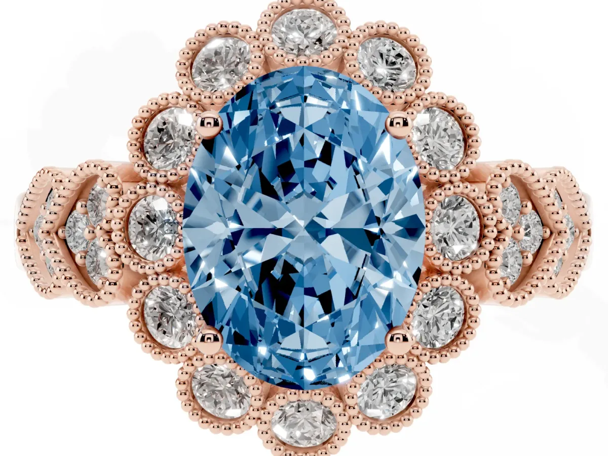 Fancy Blue Oval Cut Brilliant Milgrain Pave Heart Band Solitaire Ring Rose gold