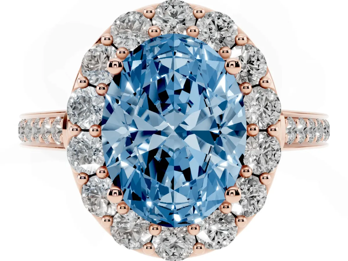 Fancy Blue Oval Cut Diamond Floral Halo Ring with Pavé Band and Prong Setting Rose gold