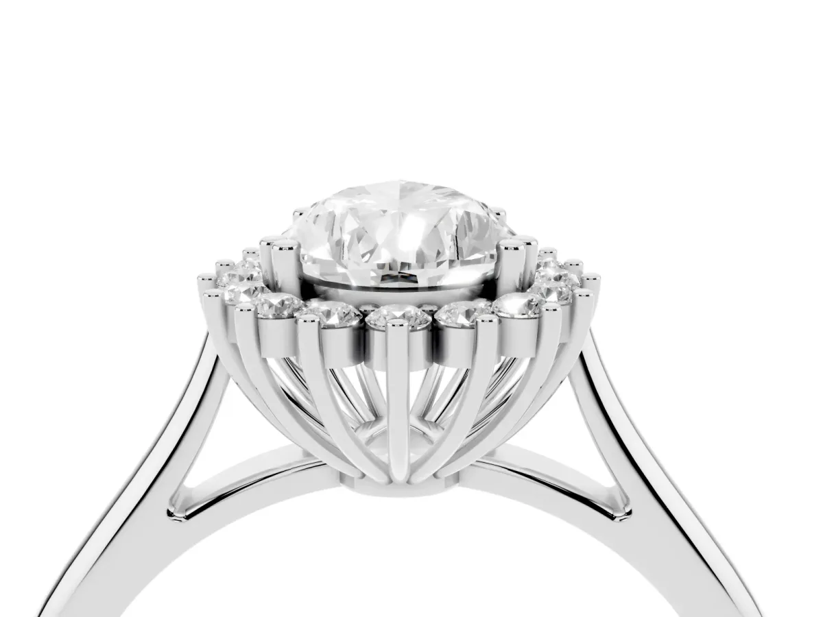 Pear Cut Cut Diamond Halo Ring with Solitaire Band and Prong Setting Silver