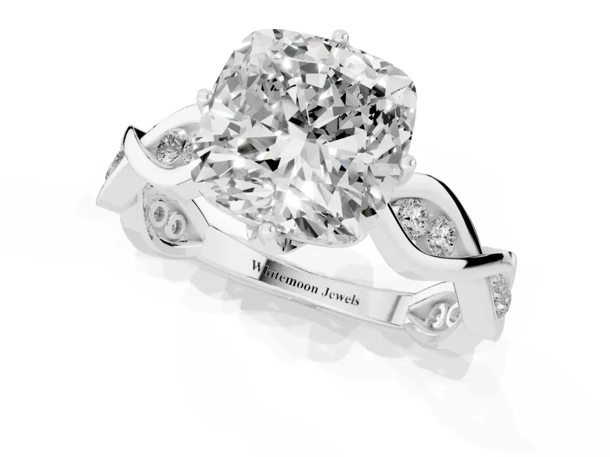 Cushion Cut Solitaire Twist Band with Leaf Prong Setting White gold