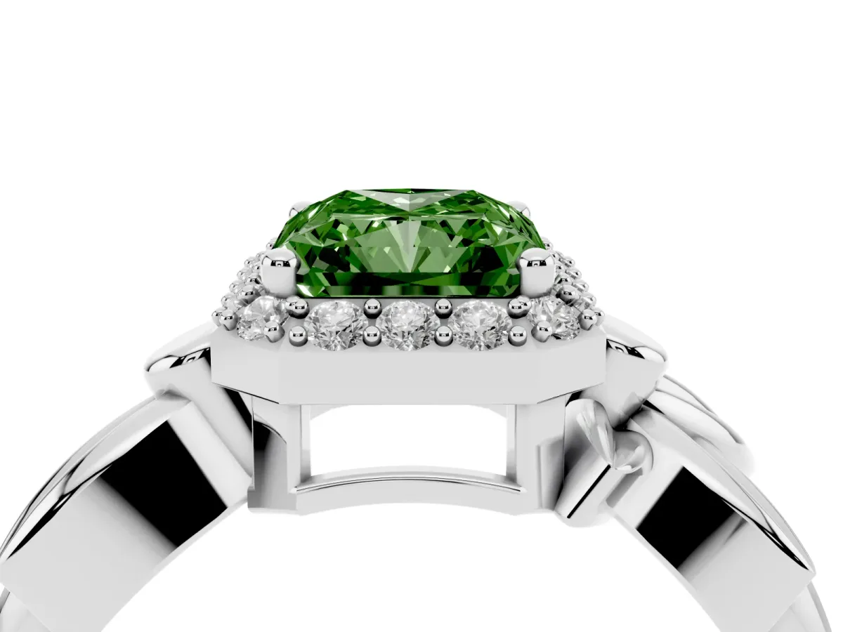 Fancy Green Radiant Cut Halo Diamond Floral Band with Four-Prong Setting Silver