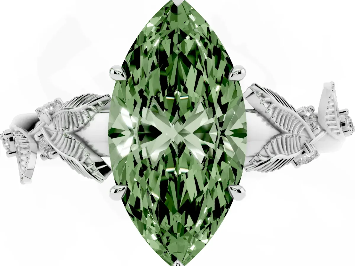 Fancy Green Marquise Cut Diamond Solitaire Ring with Leaf Motif Band and Four-Prong Setting Silver