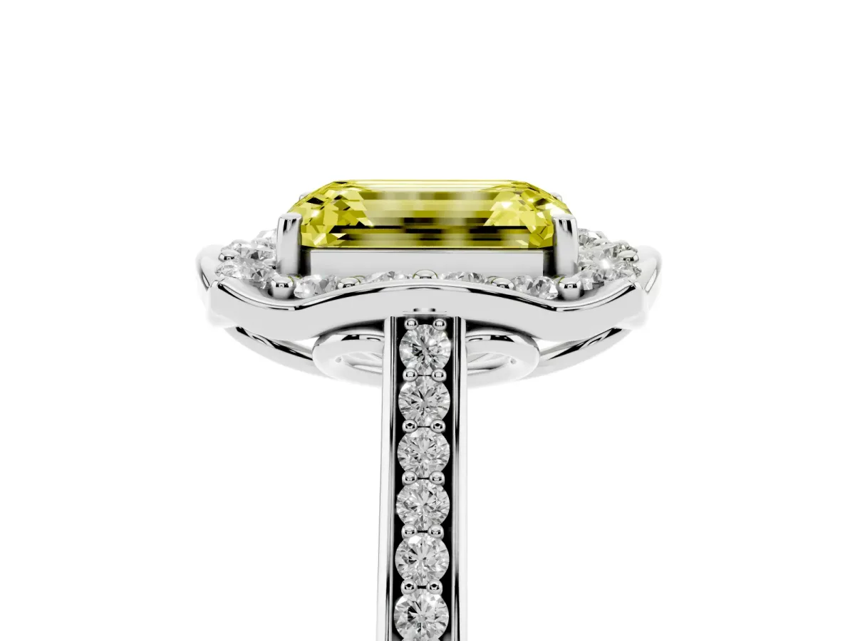 Fancy Yellow Emerald Cut Halo Round Diamond Pave Band with Four-Prong Setting Silver