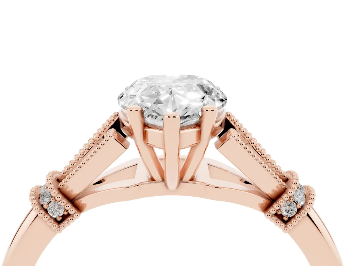 Pear Cut Diamond Solitaire Ring with Floral Filigree and Pave Accents Rose gold