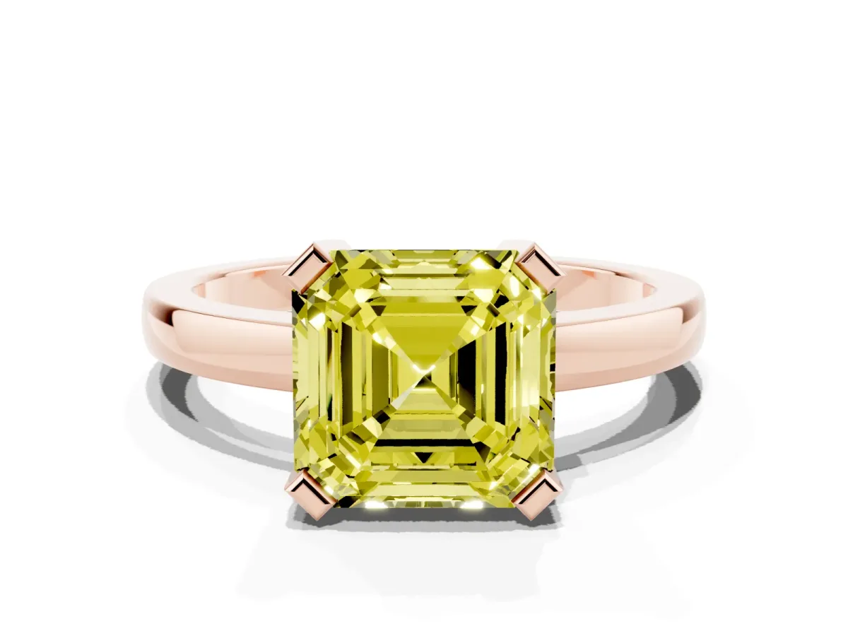 Fancy Yellow Asscher Cut Cut Solitaire Ring with Four-Prong Setting and Classic Band Rose gold