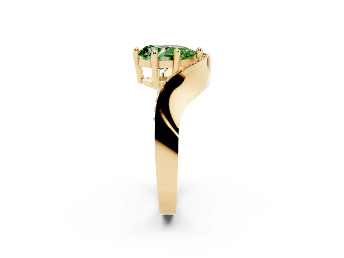 Fancy Green Pear Cut Solitaire Diamond Engagement Ring with Pave Band and Four-Prong Setting Yellow gold