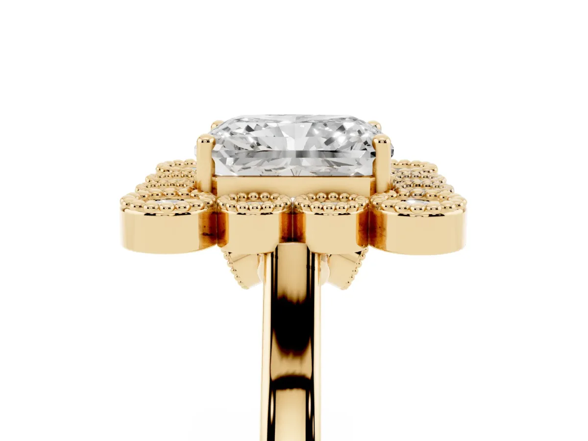 Radiant Cut Halo Diamond Cluster Engagement Ring with Milgrain Bezel Setting and Solitaire Band Yellow gold