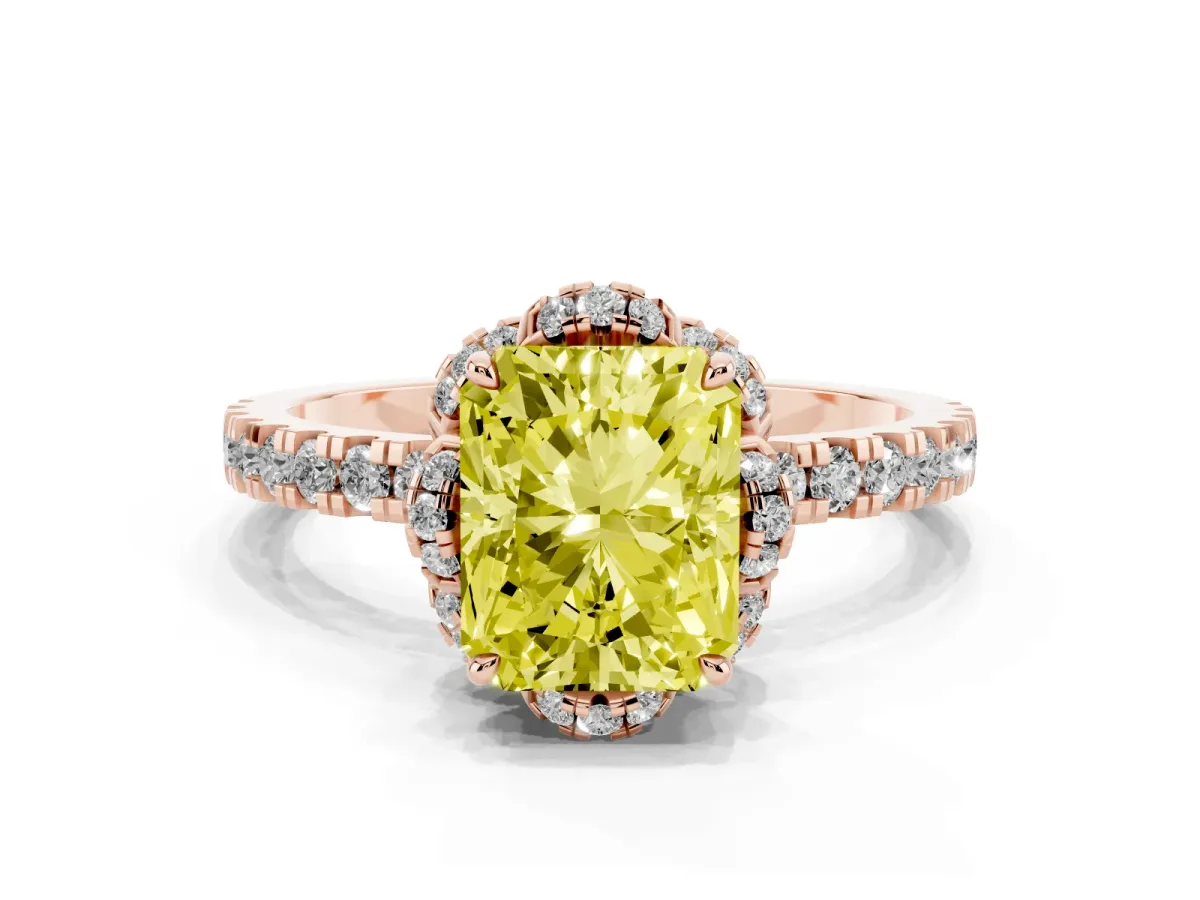 Fancy Yellow Radiant Cut Halo Diamond Pave Band Ring with Four-Prong Setting Rose gold