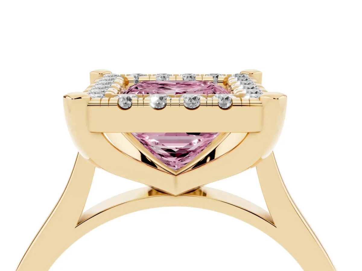 Fancy Pink Princess Cut Diamond Cluster Halo Solitaire with Four-Prong Setting Yellow gold