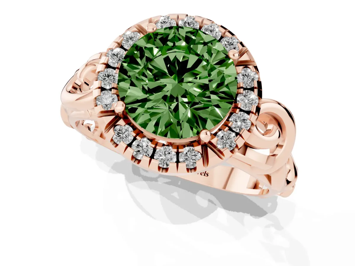 Fancy Green Round Cut Cut Halo Diamond Ring with Scrollwork Band and Four-Prong Setting Rose gold