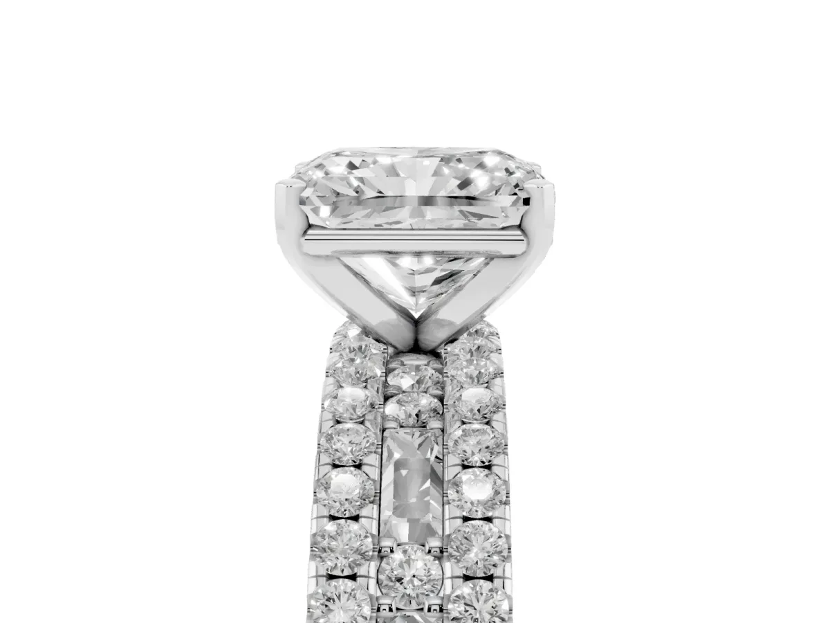 Radiant Cut Diamond Solitaire Ring with Pavé and Channel Set Band Silver