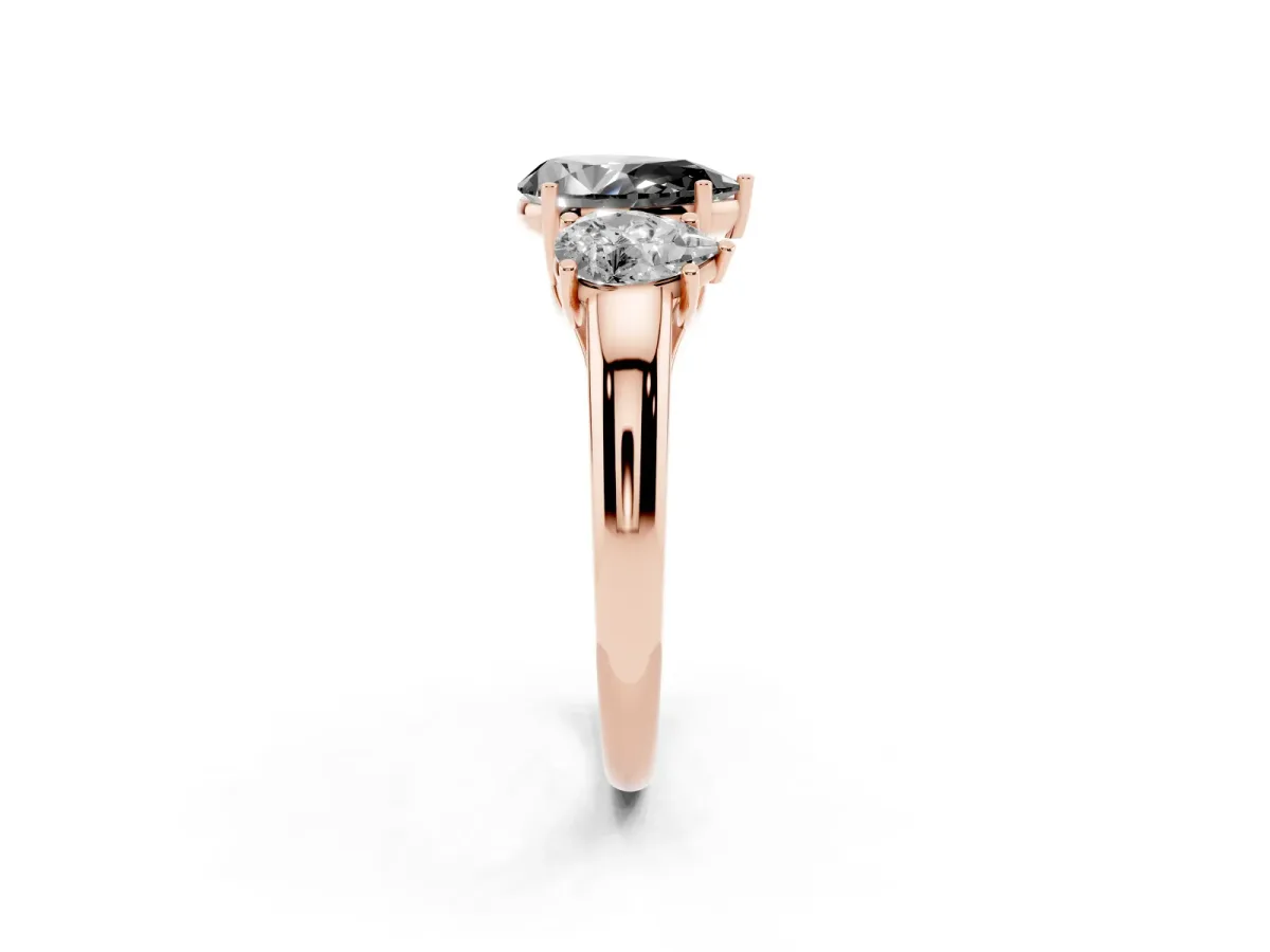 Fancy Black Three-Stone Pear Cut Diamond Engagement Ring with Prong Setting Rose gold