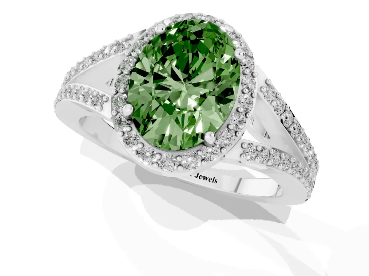 Fancy Green Oval Cut Halo Split Shank Pave Diamond Ring with Four-Prong Setting White gold