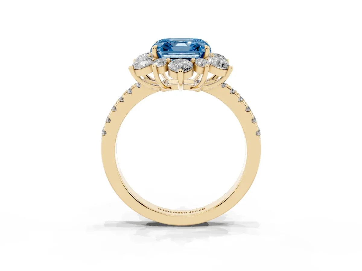 Fancy Blue Asscher Cut Diamond Floral Halo Ring with Round Pavé Band and Prong Setting Yellow gold