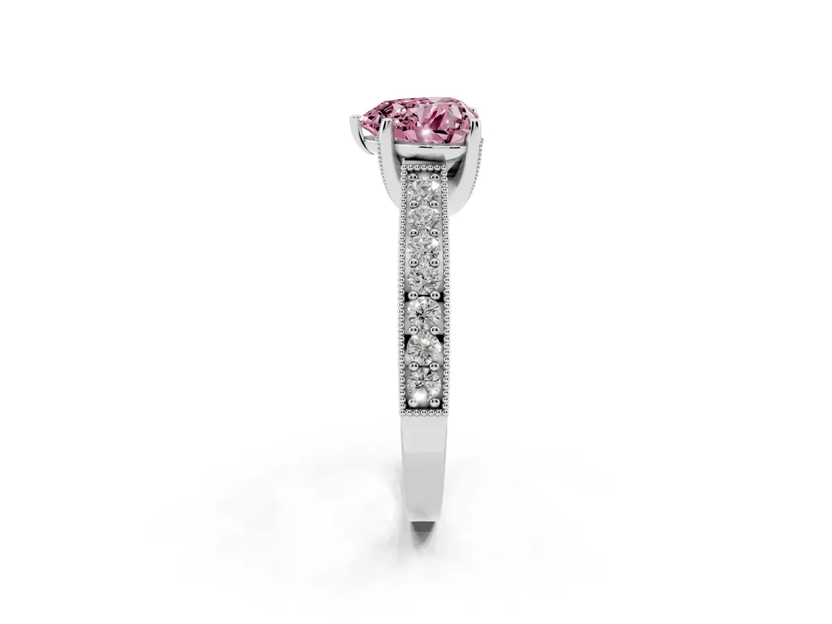 Fancy Pink Heart Cut Cut Diamond Solitaire Ring with Milgrain Pave Band and Four Prong Setting Silver