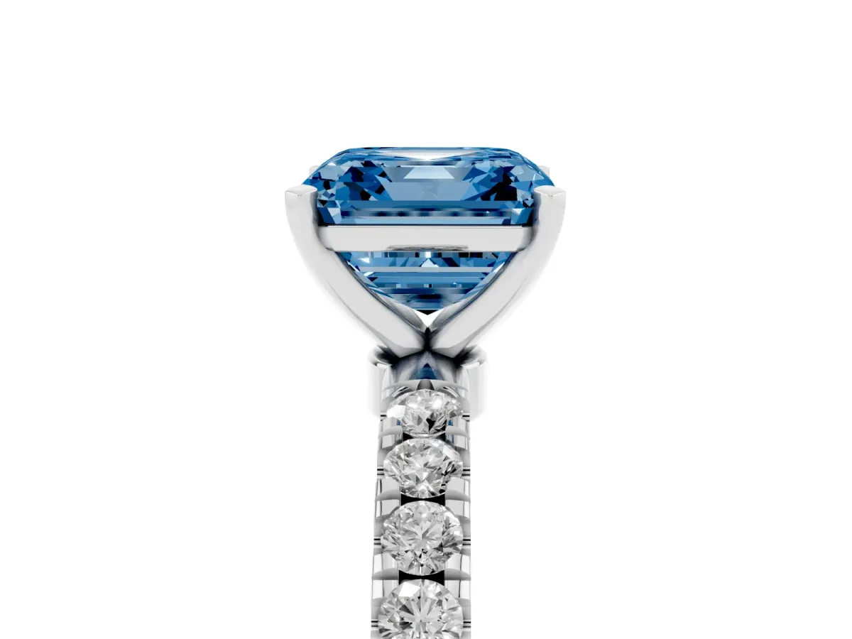 Fancy Blue Asscher Cut Diamond Solitaire Ring with Pavé Accents and Four-Prong Setting Platinum