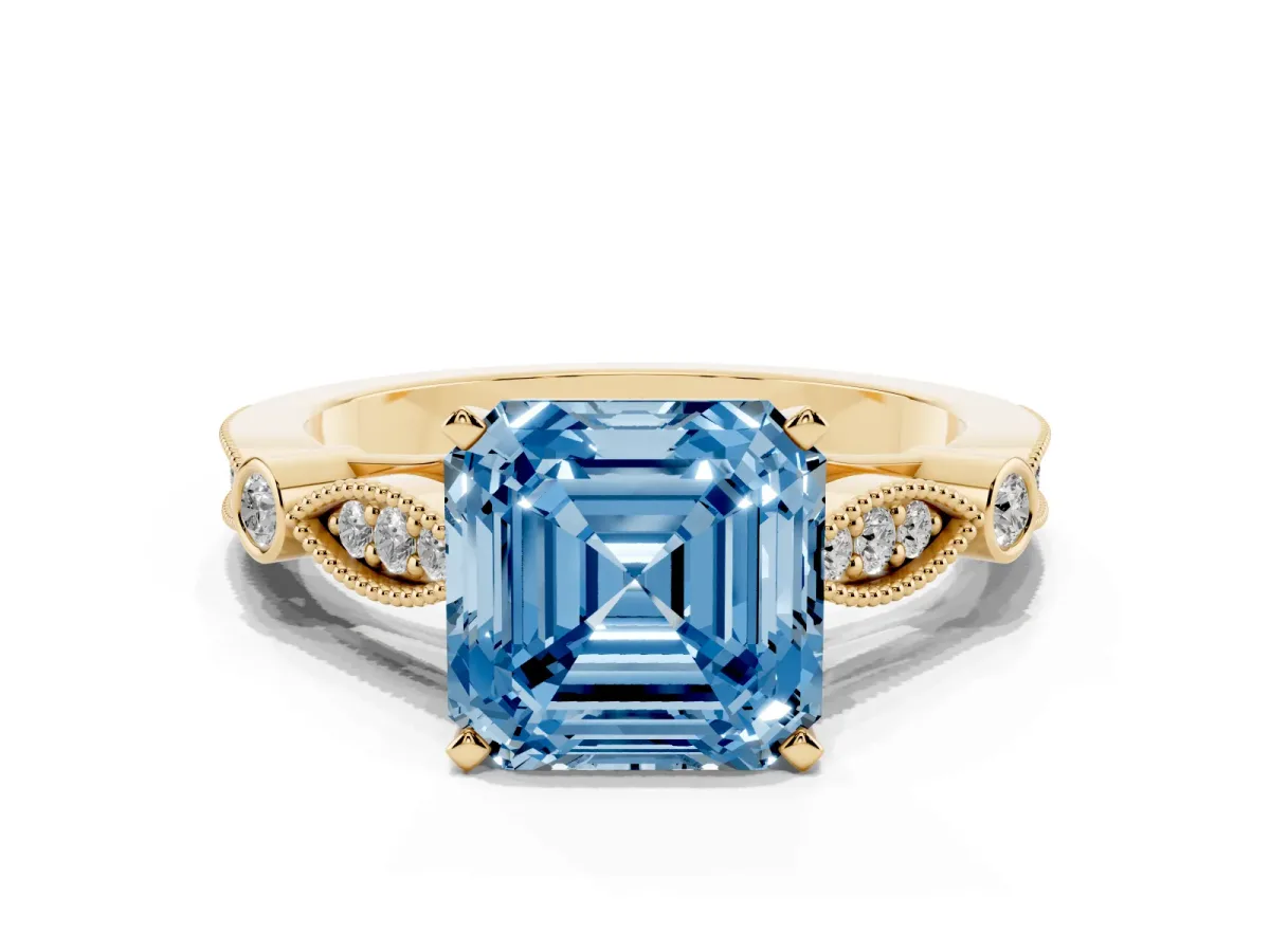 Fancy Blue Asscher Cut Cut Diamond with Milgrain Marquise and Bezel Accents on a Solitaire Band with Prong Setting Yellow gold