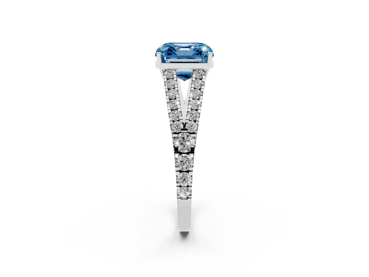 Fancy Blue Asscher Cut Diamond Split Shank Pavé Engagement Ring with Four-Prong Setting White gold