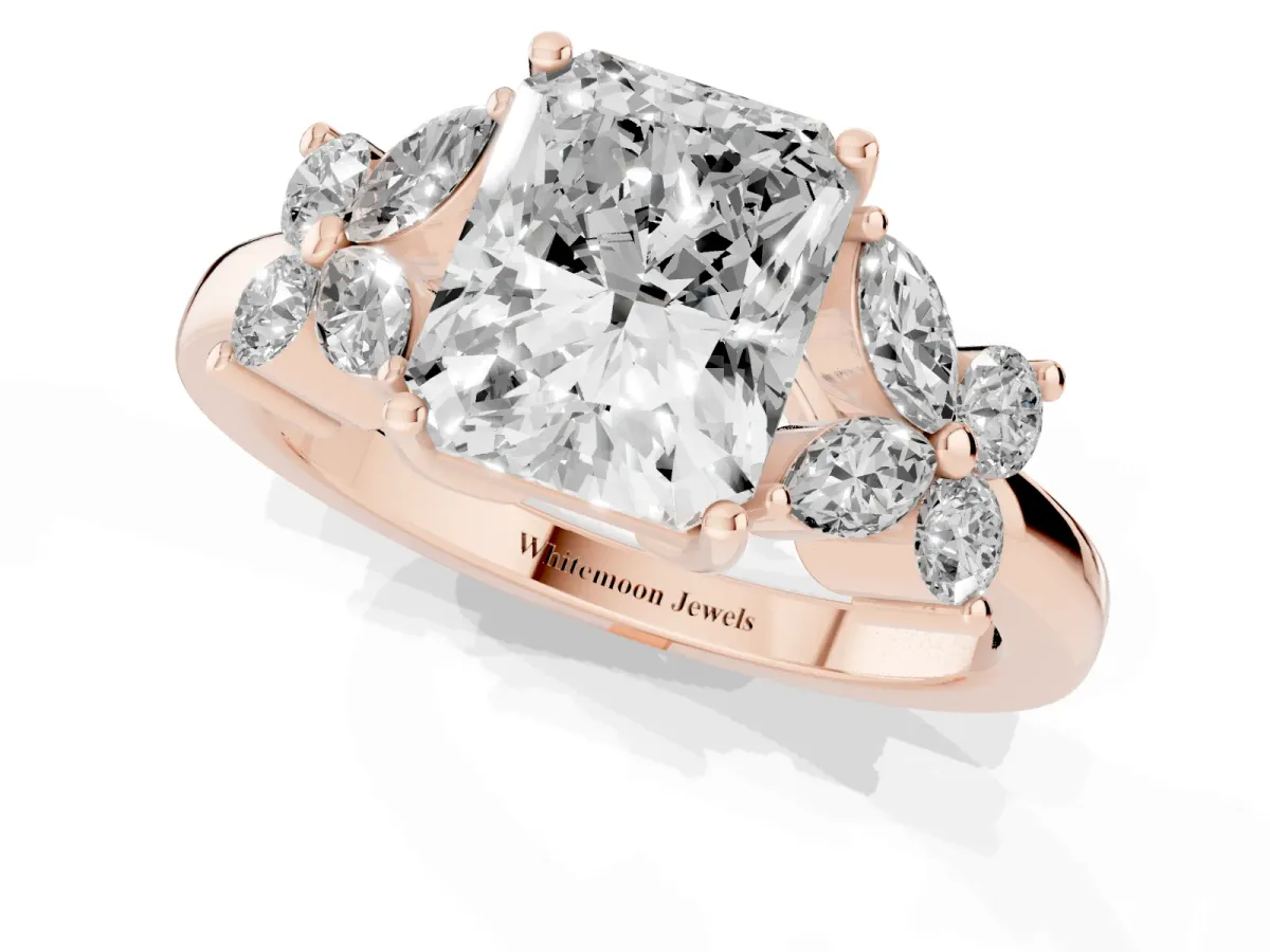 Radiant Cut Diamond Floral Cluster Ring with Solitaire Band and Prong Setting Rose gold