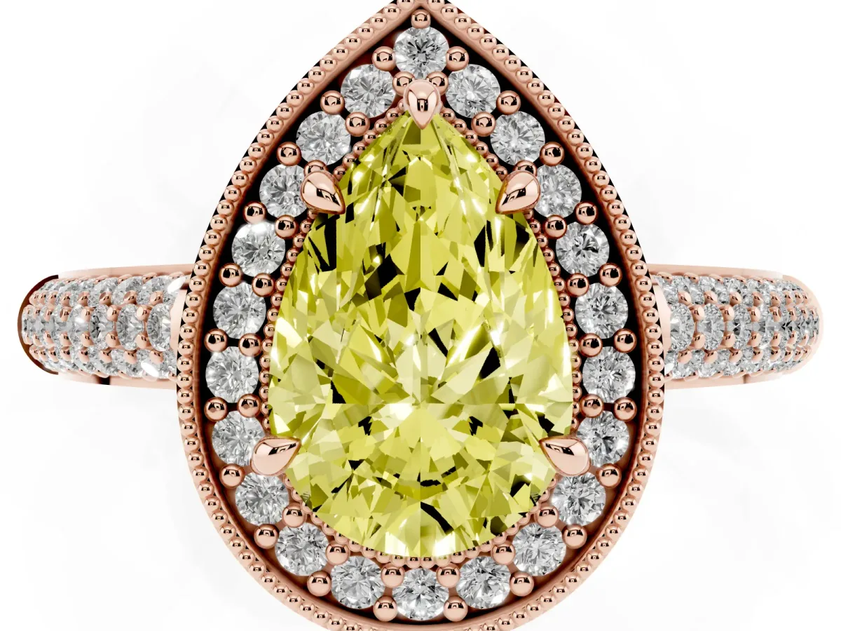 Fancy Yellow Pear Cut Cut Halo Diamond Pave Band with Four-Prong Setting Rose gold