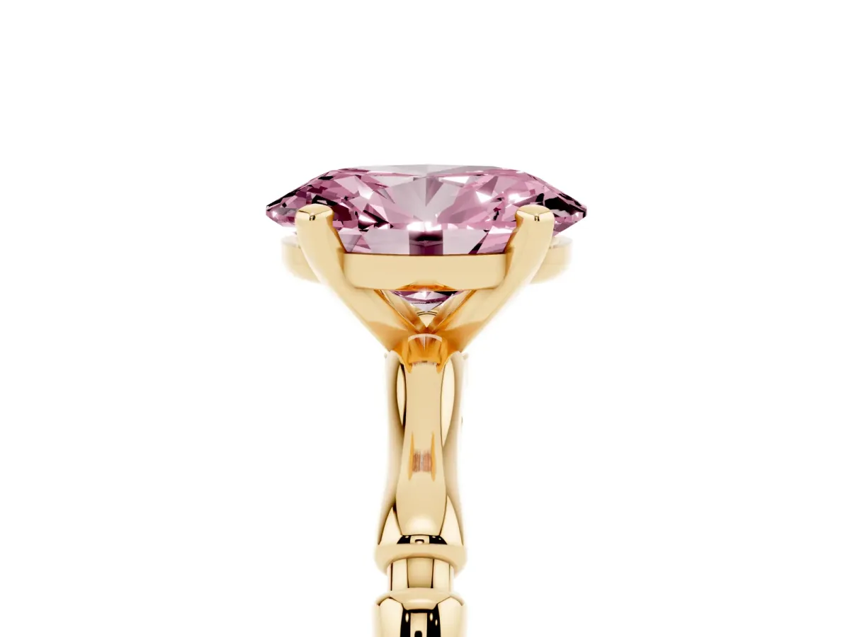 Fancy Pink Oval Cut Solitaire Diamond Ring with Bamboo Band and Four-Prong Setting Yellow gold