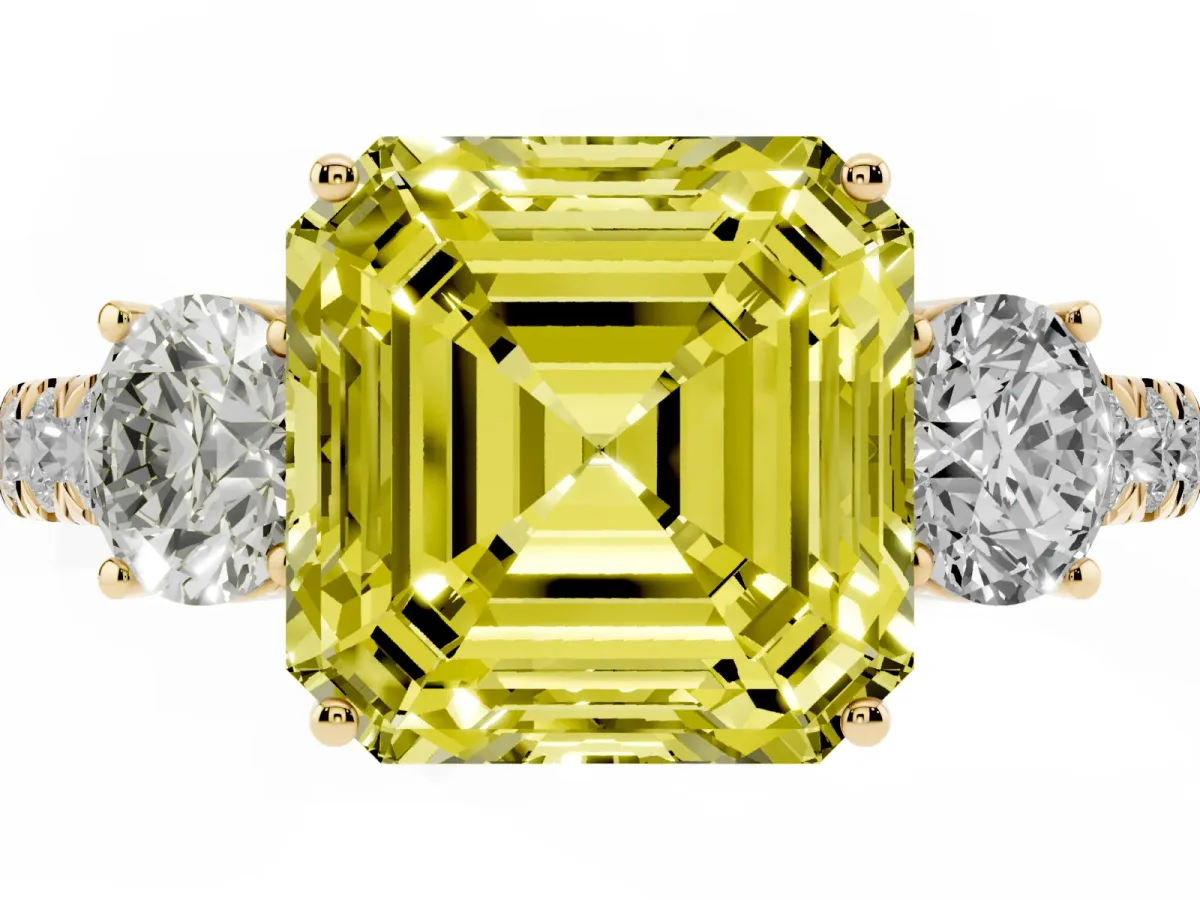 Fancy Yellow Asscher Cut Cut Diamond Three-Stone Ring with Round Side Stones and Pavé Band Yellow gold