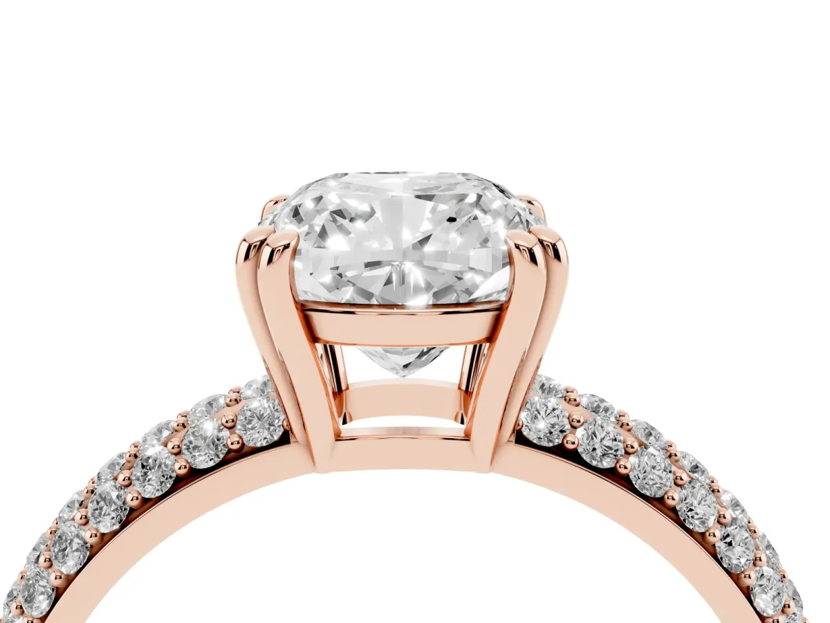 Cushion Cut Diamond Solitaire Ring with Multi-Row Round Pavé Band and Prong Setting Rose gold