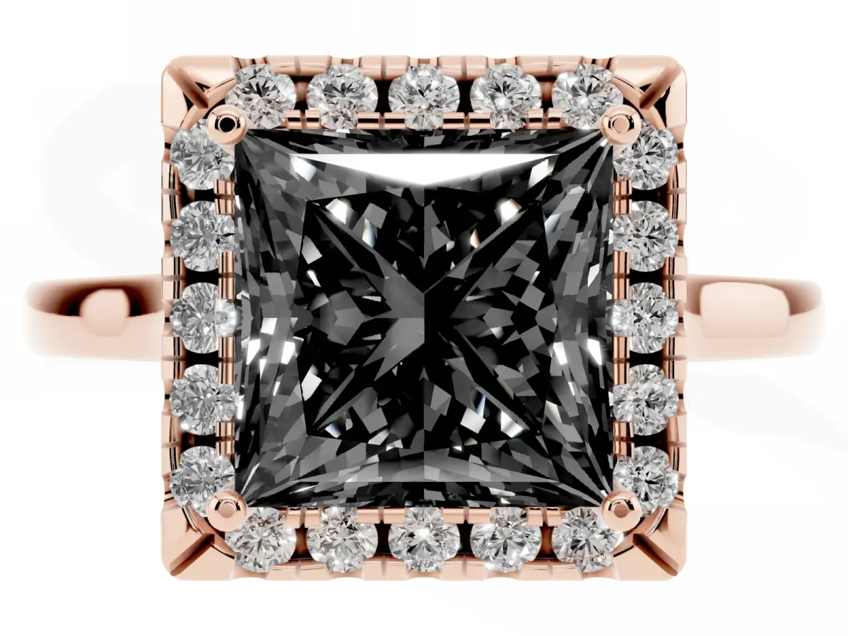 Fancy Black Princess Cut Halo Round Diamond Solitaire Ring with Pavé Band and Four-Prong Setting Rose gold