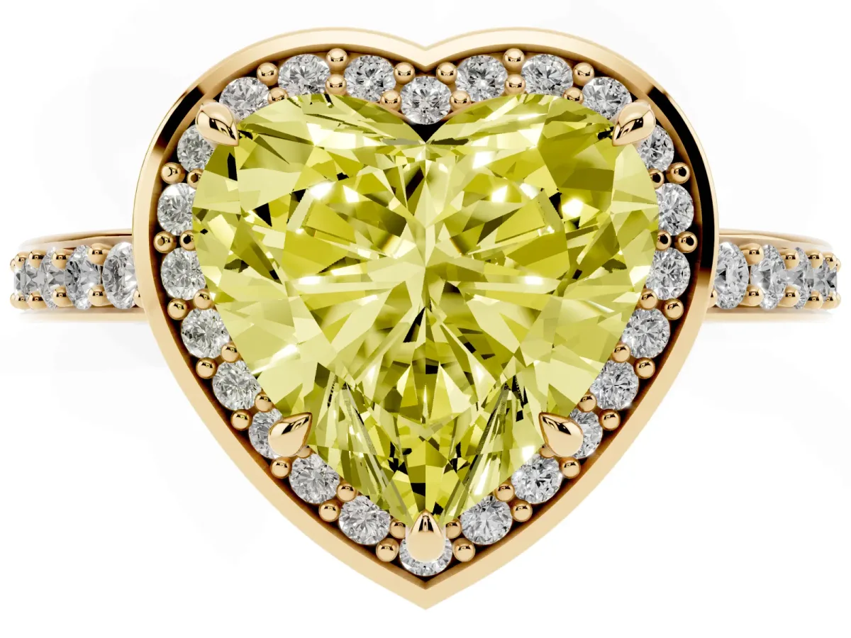 Fancy Yellow Heart Cut Halo Pave Band Solitaire Ring with Prong Setting Yellow gold