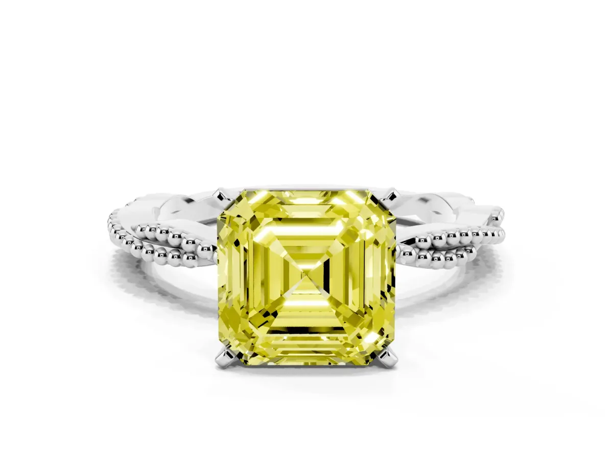 Fancy Yellow Asscher Cut Solitaire Twisted Band with Bead Prong Setting Silver