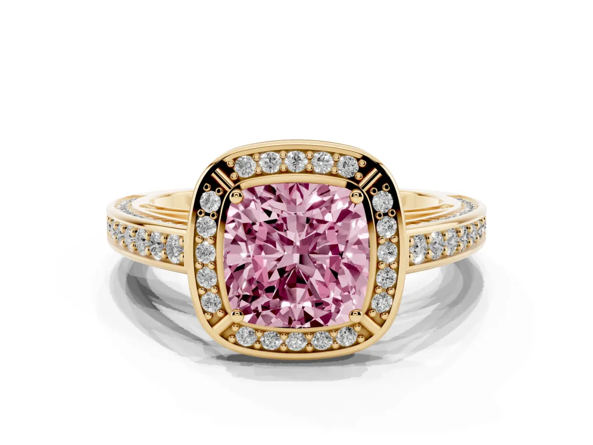 Fancy Pink Cushion Cut Cut Halo Pave Split Shank Prong Setting Ring Yellow gold