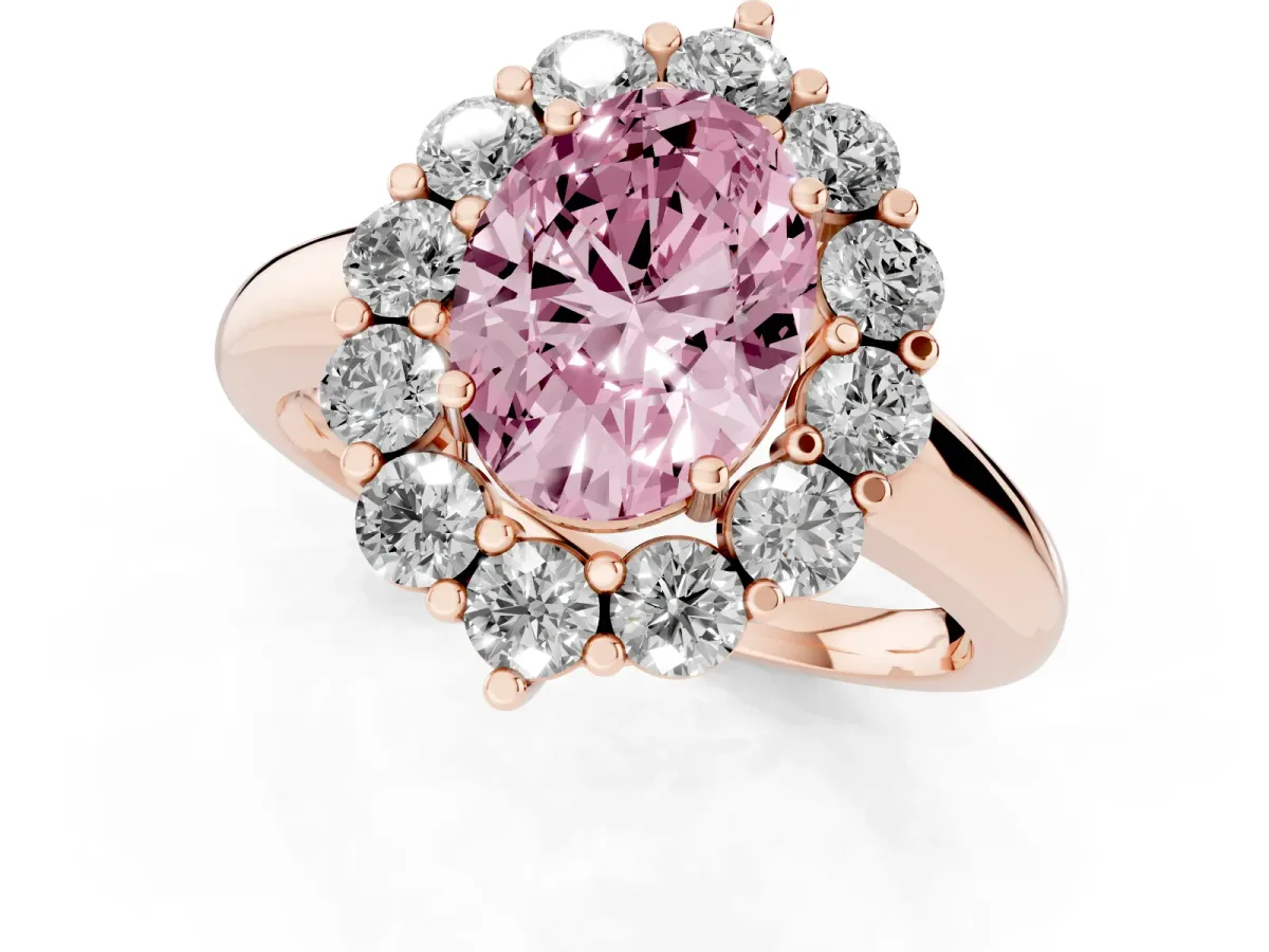 Fancy Pink Oval Cut Halo Cluster Diamond Engagement Ring with Prong Setting and Polished Band Rose gold