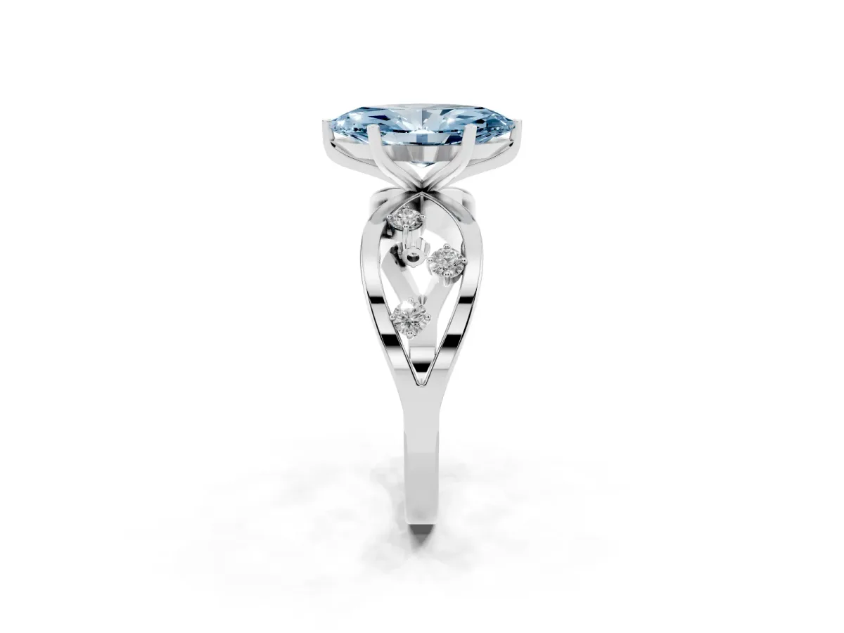 Fancy Blue Marquise Cut Cut Solitaire Diamond with Side Stones on Criss-Cross Band and Four-Prong Setting Silver