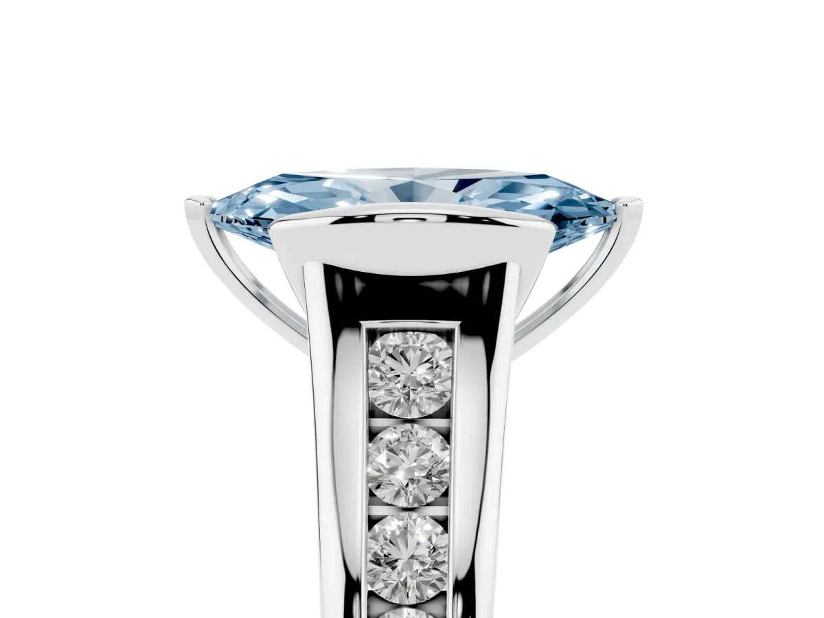Fancy Blue Marquise Cut Solitaire Bezel-Set Diamond Ring with Channel-Set Band Silver