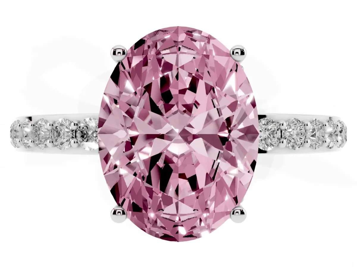 Fancy Pink Oval Cut Diamond Solitaire Ring with Pavé Band and Hidden Halo Silver