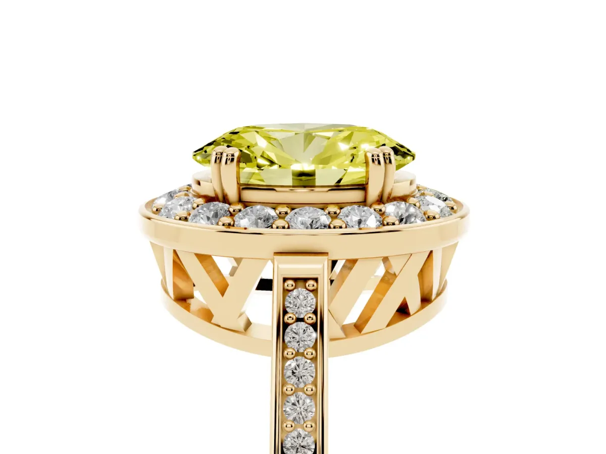Fancy Yellow Oval Cut Diamond Halo Ring with Split Shank and Four-Prong Setting Yellow gold