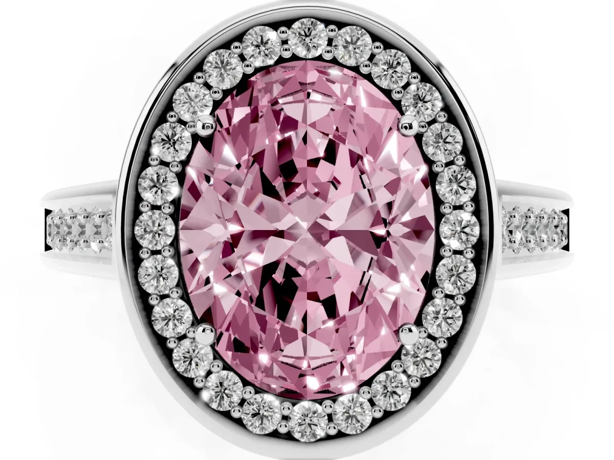 Fancy Pink Oval Cut Halo Solitaire Diamond Ring with Pave Band and Bezel Setting Silver