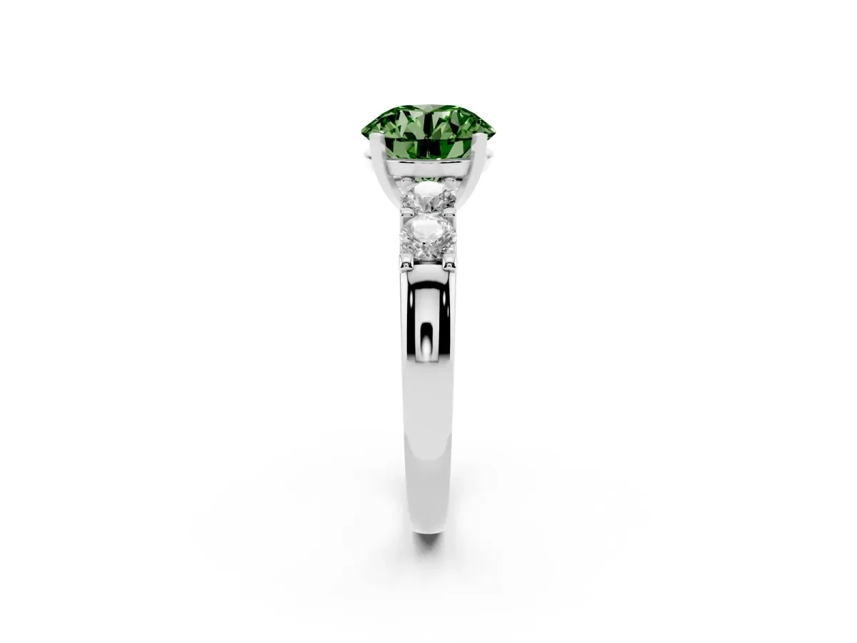 Fancy Green Round Cut Brilliant Cut Diamond Five-Stone Prong Set Engagement Ring with Channel Band Silver