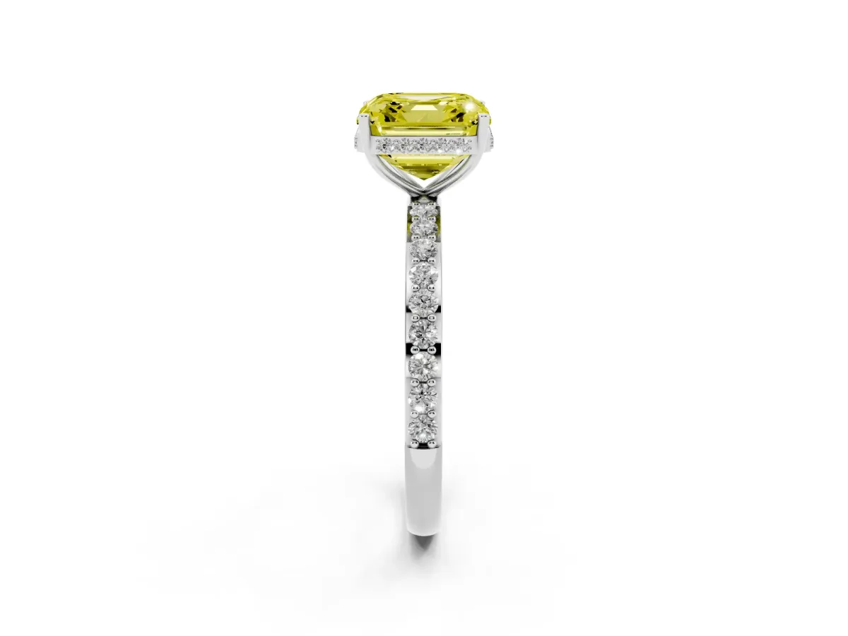 Fancy Yellow Asscher Cut Diamond Solitaire Ring with Pavé Band and Hidden Halo Platinum