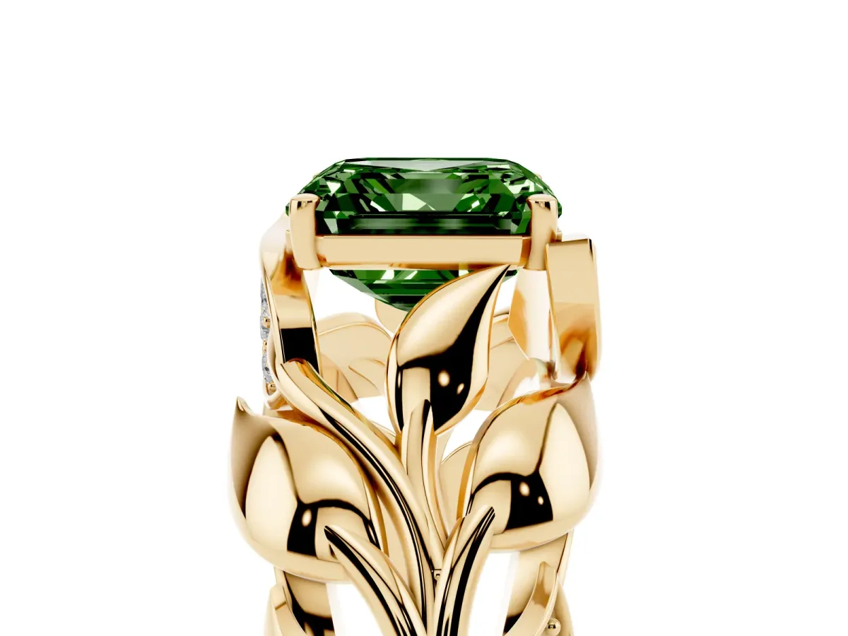 Fancy Green Asscher Cut Diamond Leaf-Inspired Engagement Ring with Round Accents and Prong Setting Yellow gold